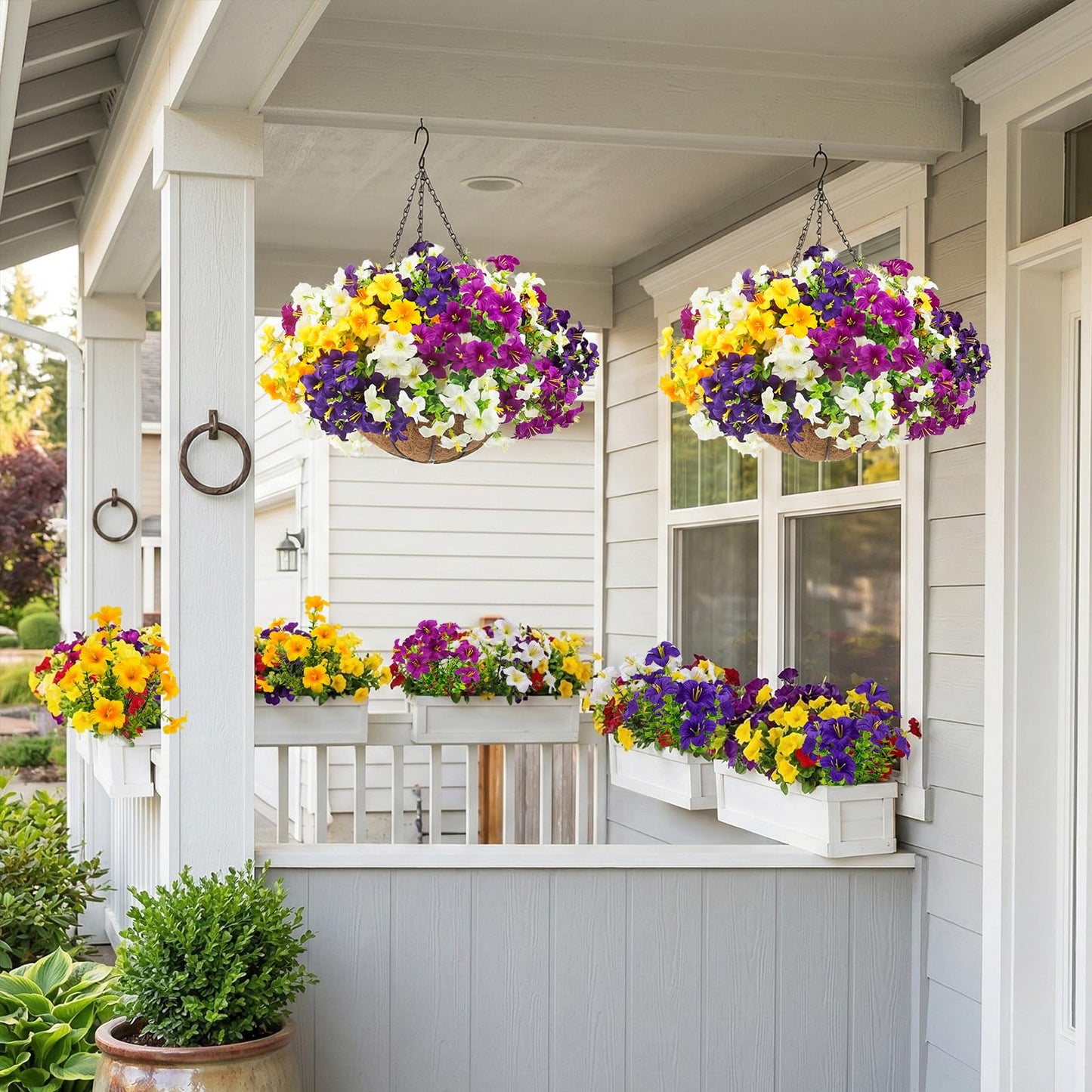 ELVASTON 2 Set Artificial Outdoor Flowers with Hanging Baskets