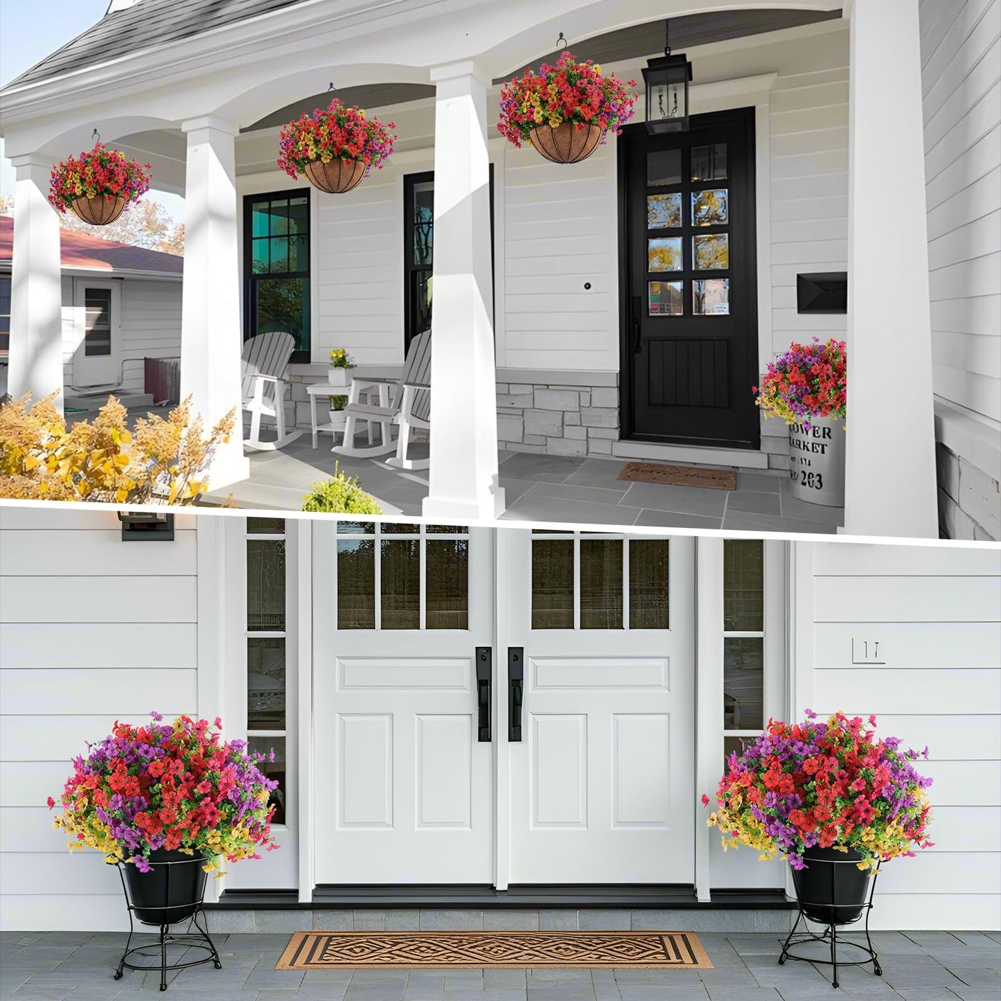 ELVASTON 2 Set Artificial Outdoor Flowers with Hanging Basket