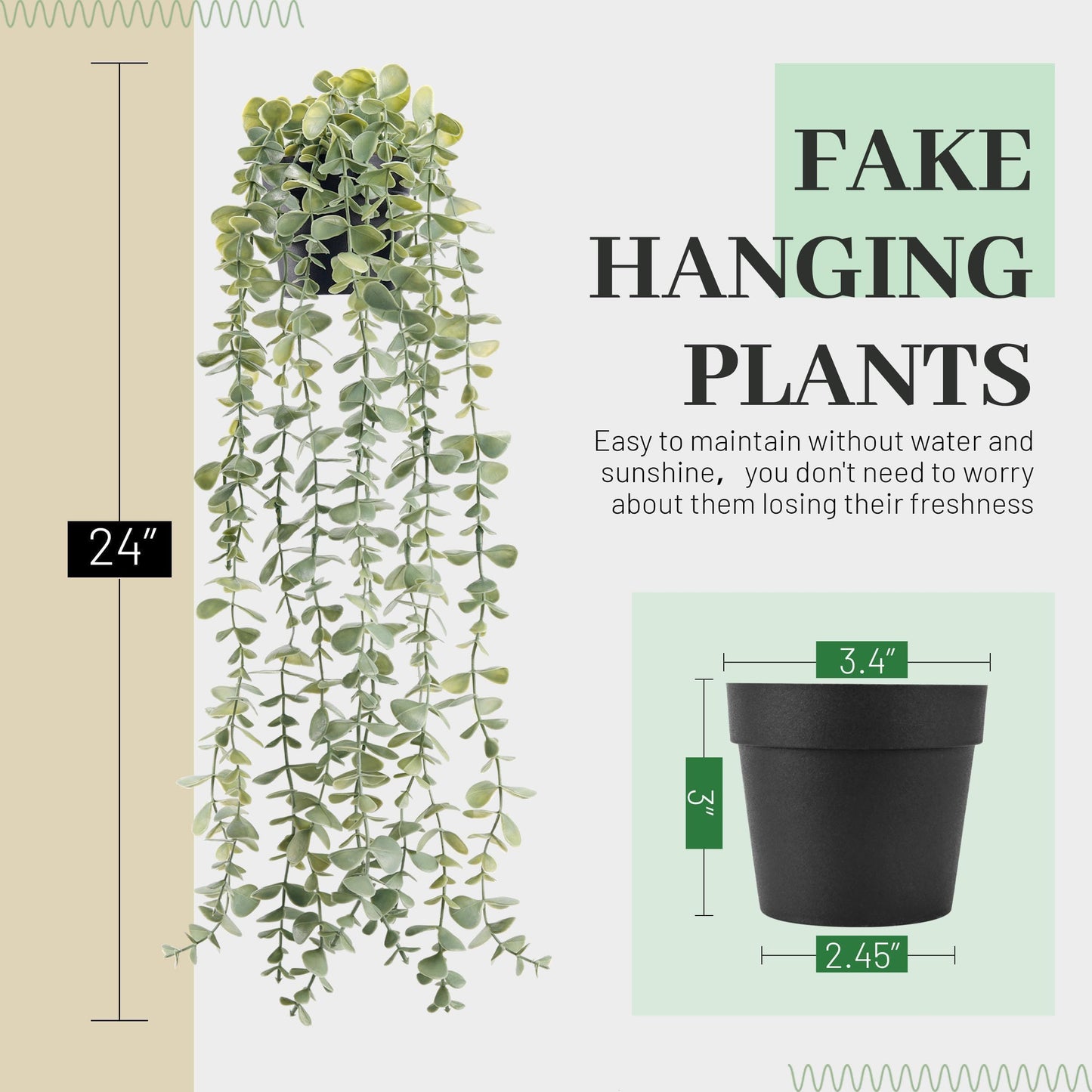 ELVASTON 1Pcs Fake Plants Hanging Artificial Potted Faux Eucalyptus Plants